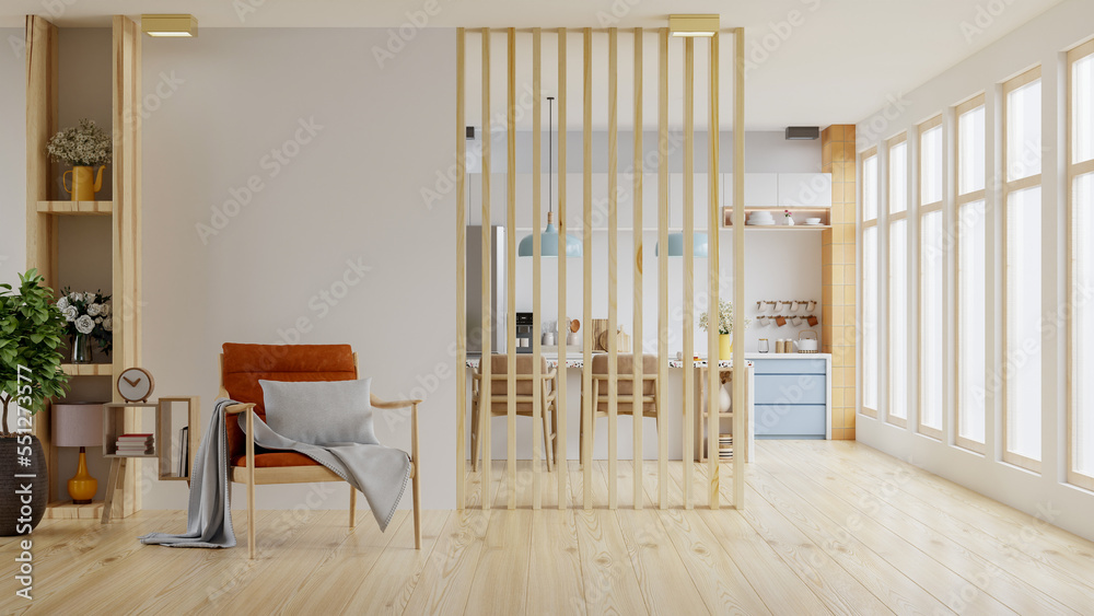 Living room interior wall mockup in warm tones with leather armchair which is behind the kitchen.