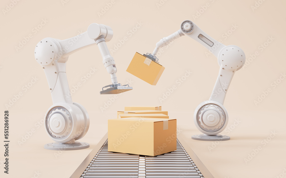 Mechanical arm and cardboard box, 3d rendering.