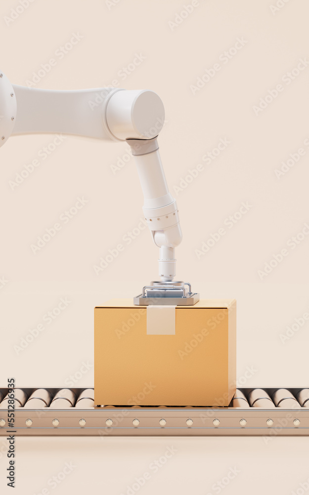 Mechanical arm and cardboard box, 3d rendering.