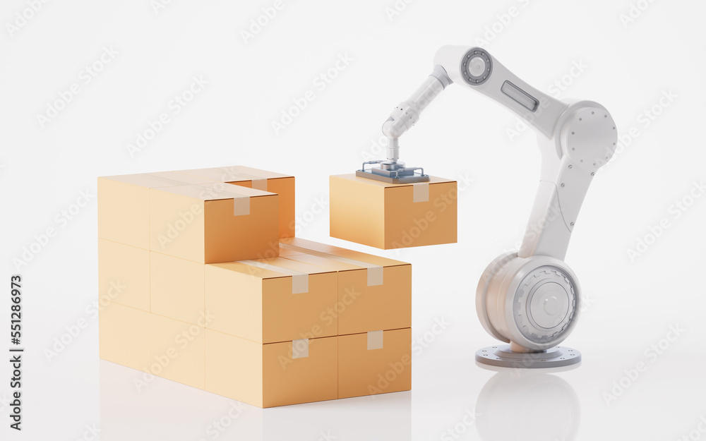 Mechanical arm and cardboard box, 3d rendering.