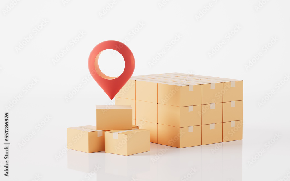 Packaging box and location sign, 3d rendering.