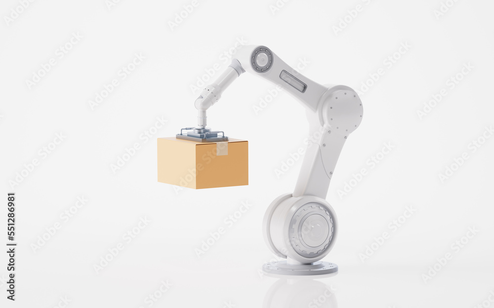 Mechanical arm and cardboard box, 3d rendering.