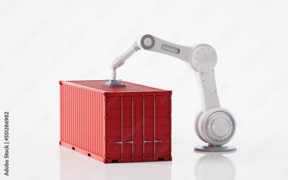 Mechanical arm and industry container, 3d rendering.