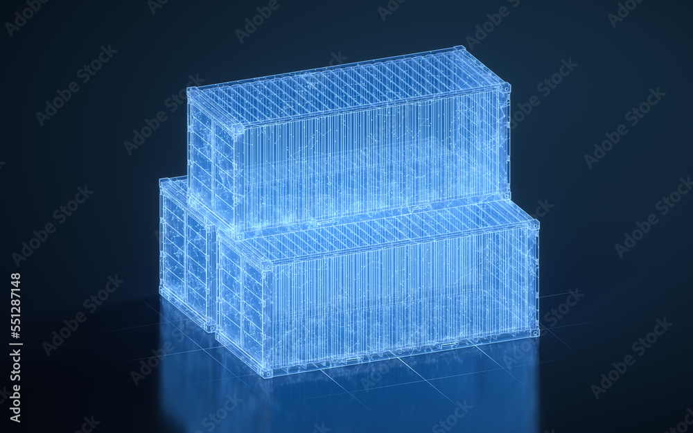 Cargo container with blue digital lines, freight and export, 3d rendering.