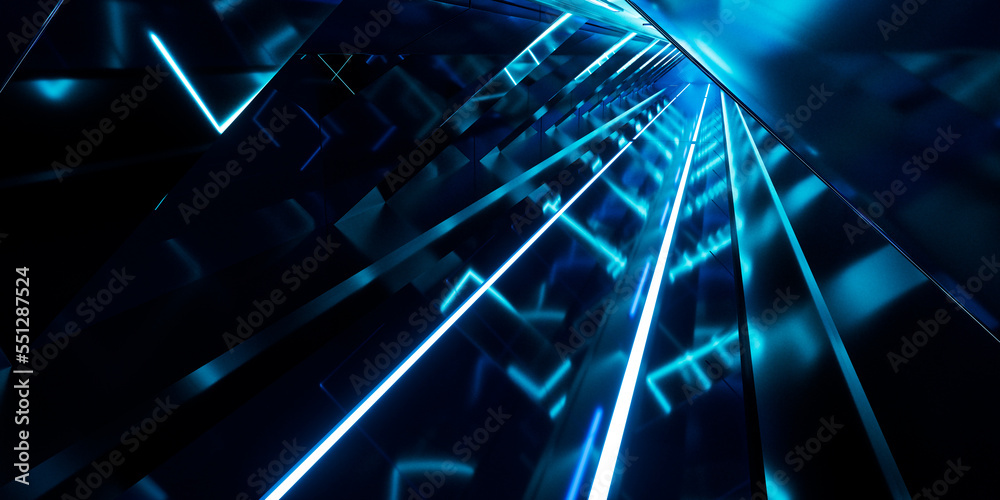 Dark tunnel with glowing light illuminated, 3d rendering.