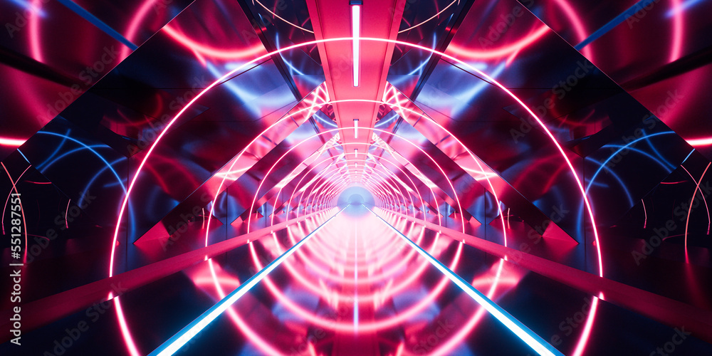 Dark tunnel with glowing light illuminated, 3d rendering.