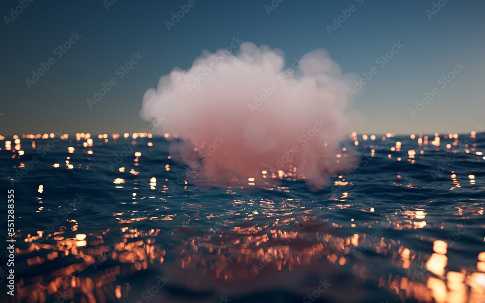 Cloud over lake with glowing particles, 3d rendering.