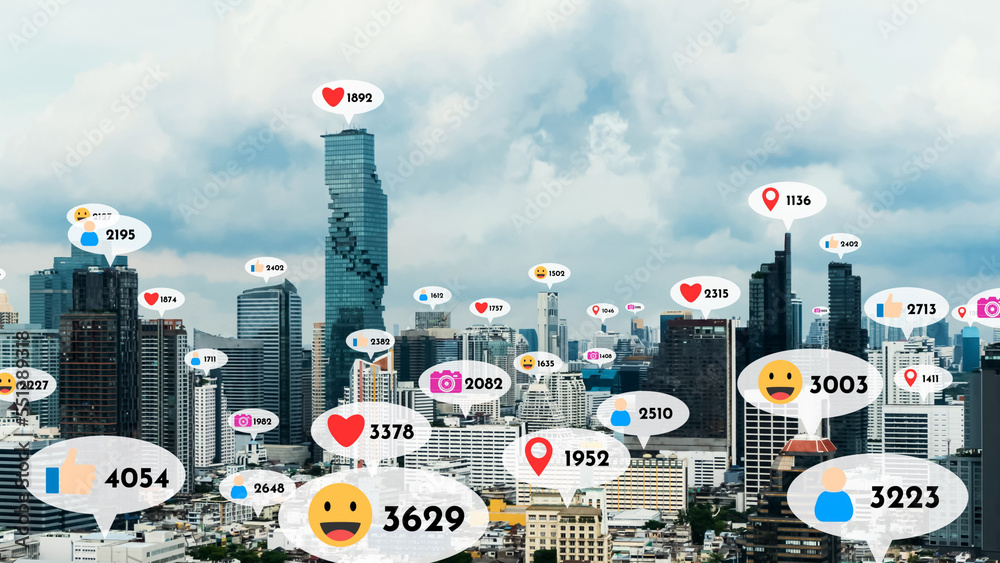 Social media icons fly over city downtown showing people reciprocity connection through social netwo