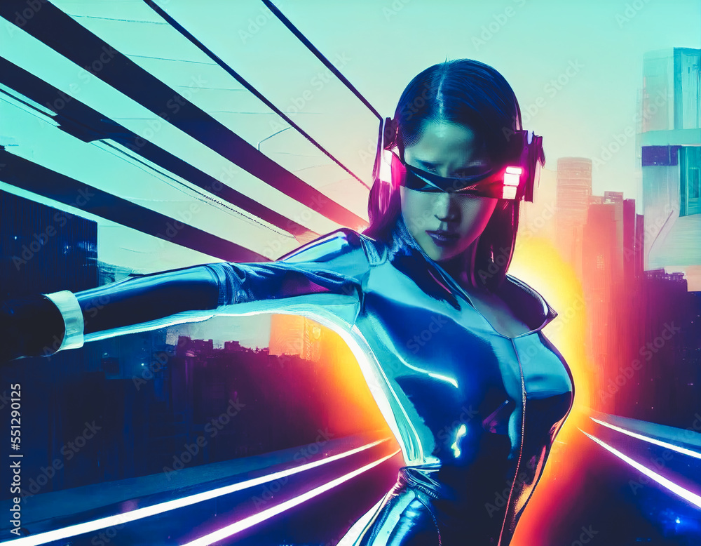 Splendid futuristic woman in cyberpunk world with VR headset portrait with glowing ultraviolet neon 