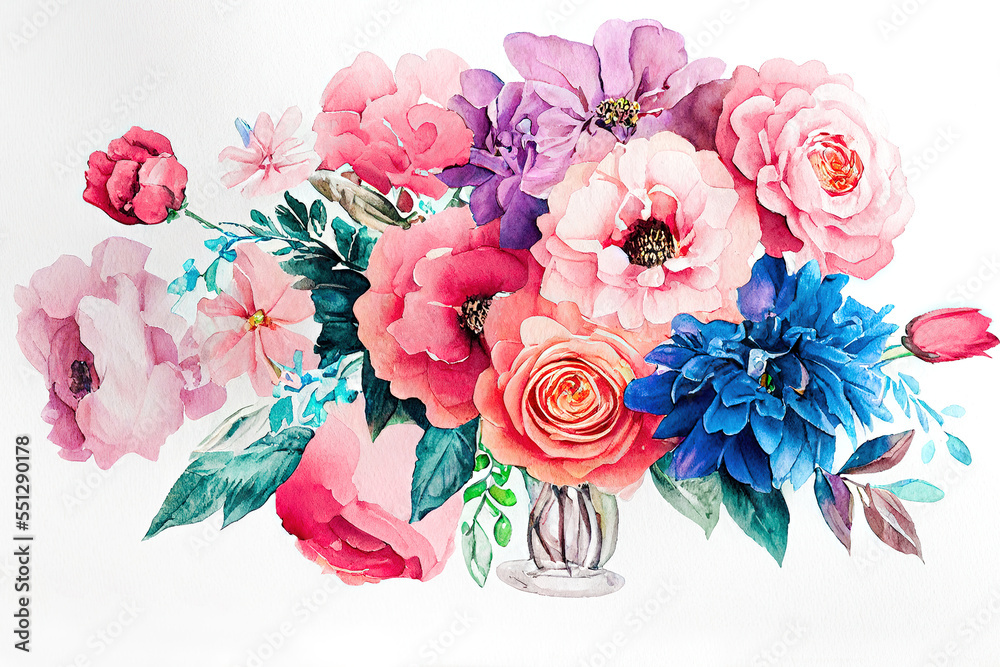 Flower bouquet set watercolor pieces of artwork design. Spring and summer flower nature in style of 