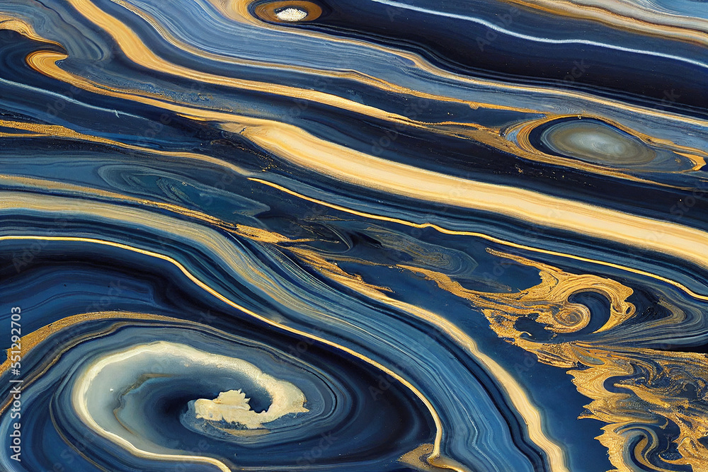 Abstract art background with a fluid marble blue and gold texture. Splendid AI generated image luxur