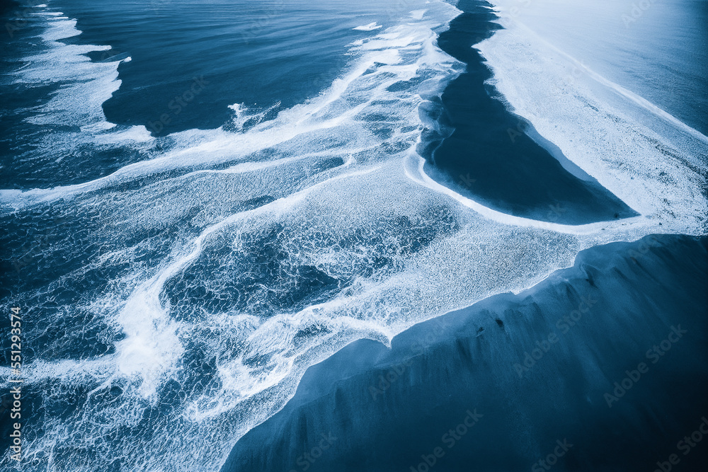 人工智能生成的海洋海水白色波浪飞溅的空中俯视背景照片