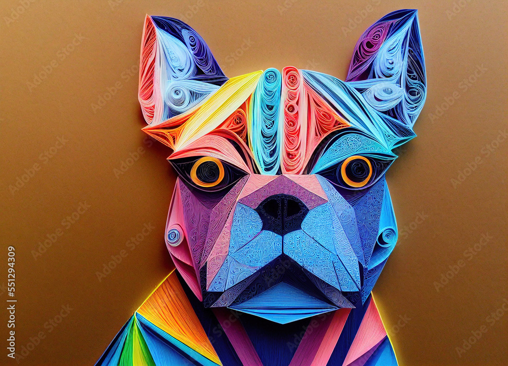 Splendid intricate paper quilling french bulldog in digital art AI generated image. Realistic abstra