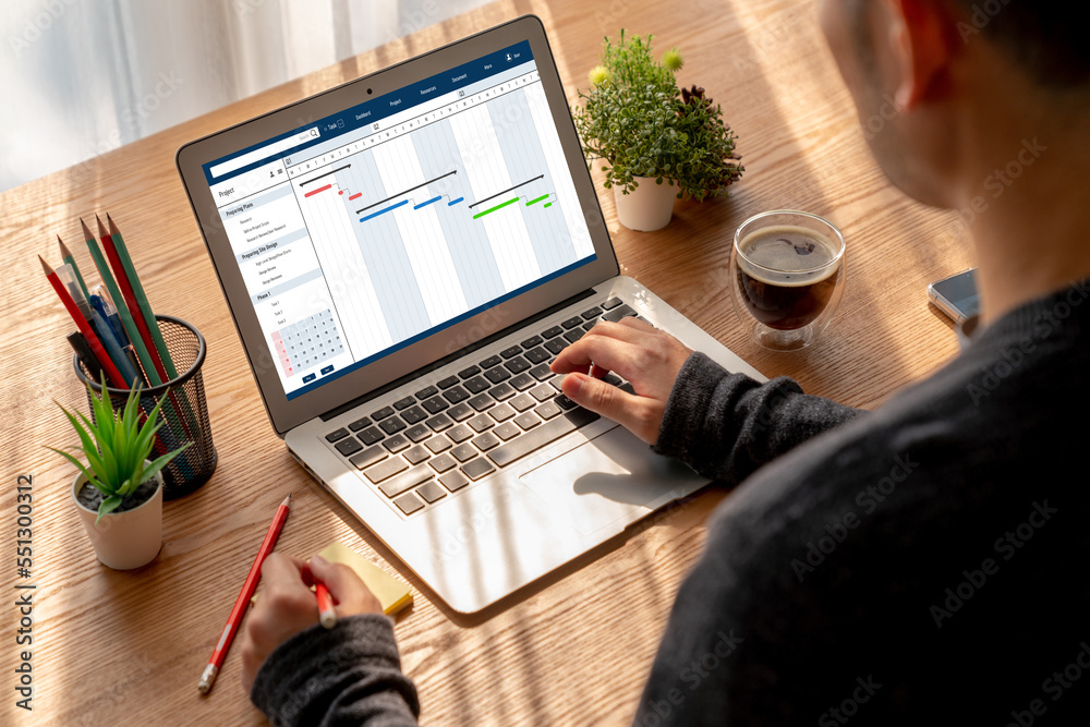 Project planning software for modish business project management on the computer screen showing time