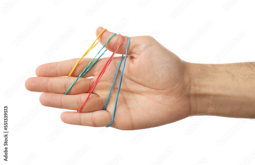 Man with rubber bands on white background