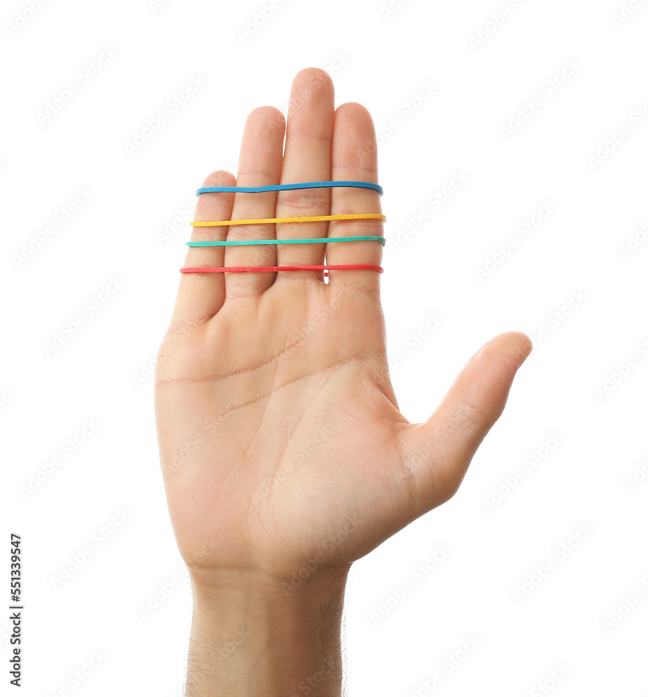 Man with rubber bands on white background