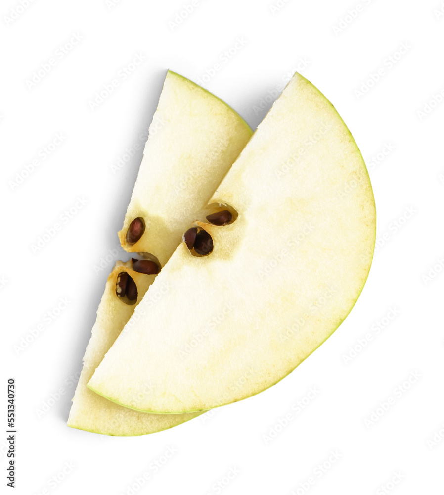 Pieces of juicy apple on white background