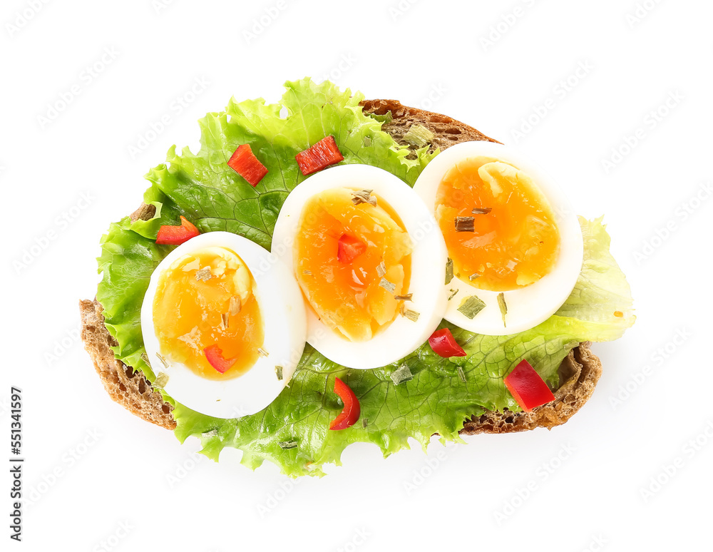 Delicious toast with boiled egg on white background