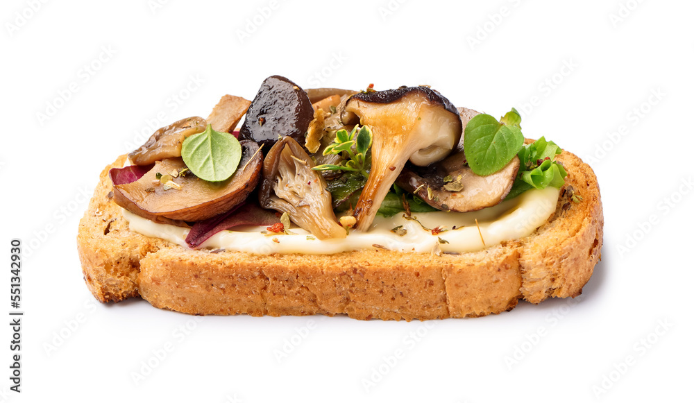 Tasty toast with cream cheese and mushrooms on white background