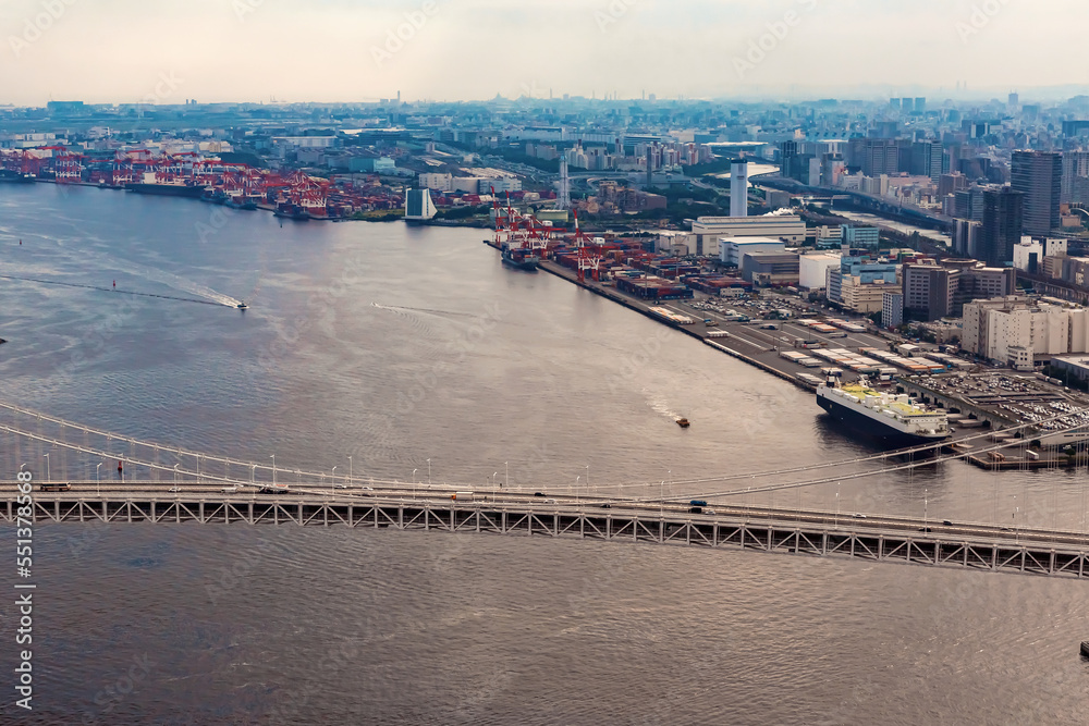 Aerial view of the Rainbow Bridge in Odaiba, Tokyo, Japan