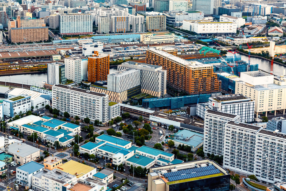 Aerial view of an industrial section of Koto City in Tokyo, Japan