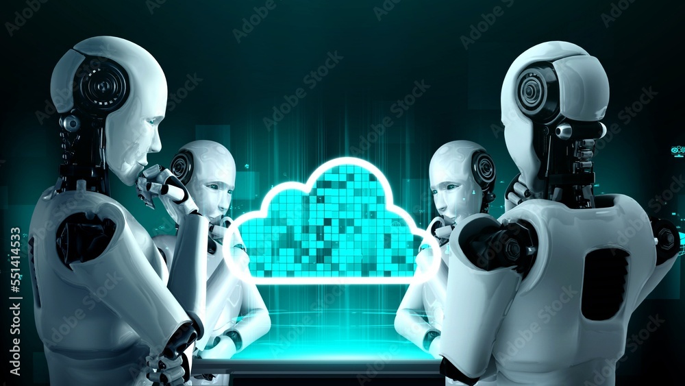 AI robot huminoid uses cloud computing technology to store data on online server . Futuristic concep