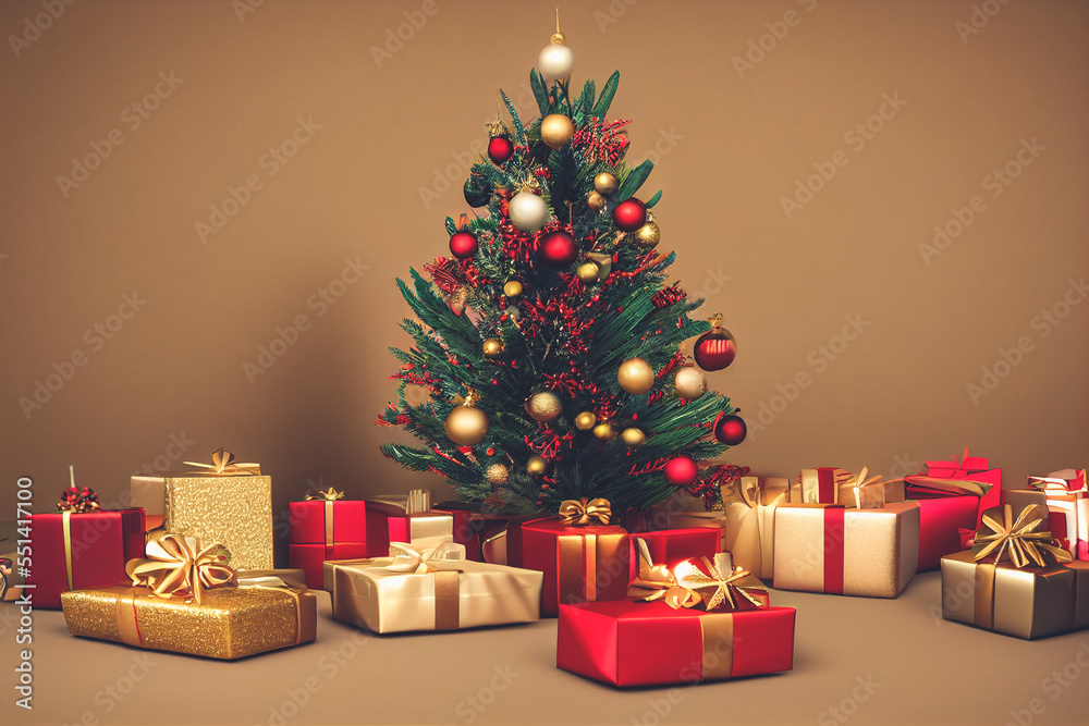 Christmas festival decoration with gift boxes pile, ribbon and spectacular christmas tree for giving