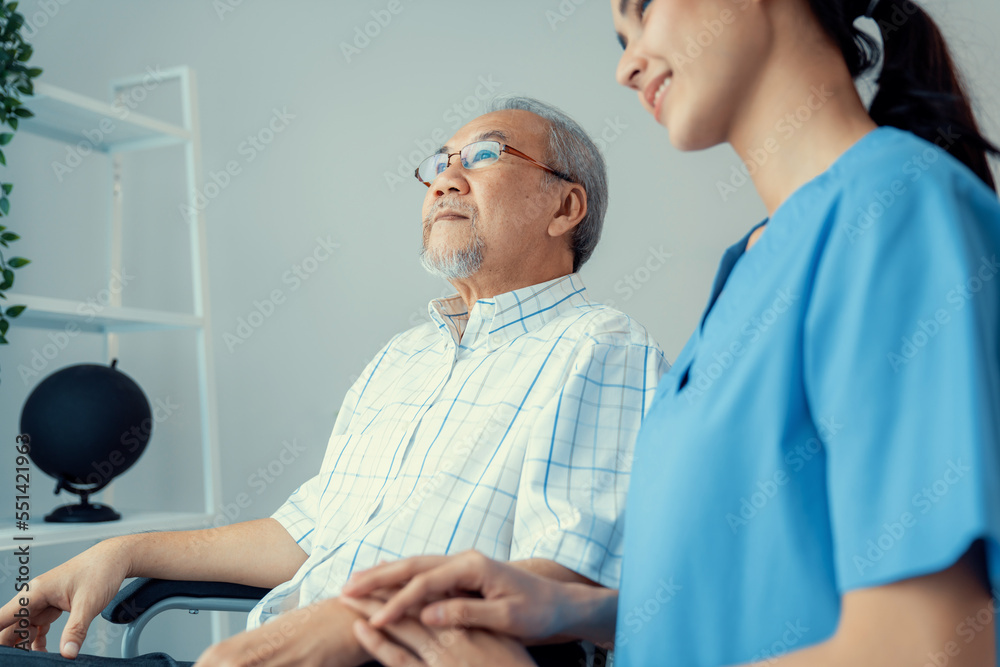 Caring nurse and a contented senior man in a wheel chair at home, nursing house. Medical for elderly