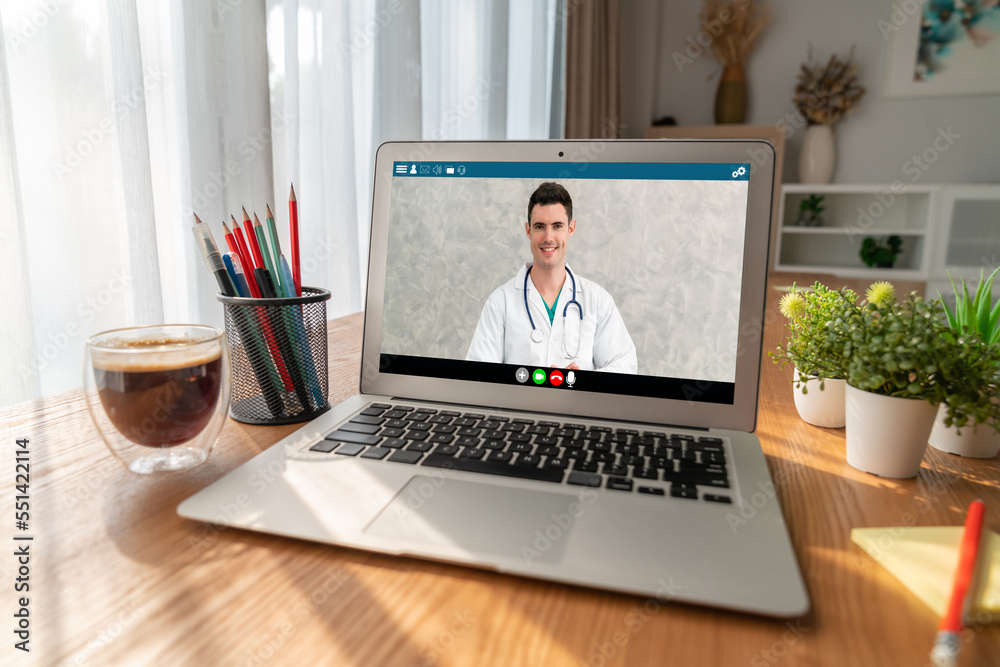 Doctor video call online by modish telemedicine software application for virtual meeting with patien