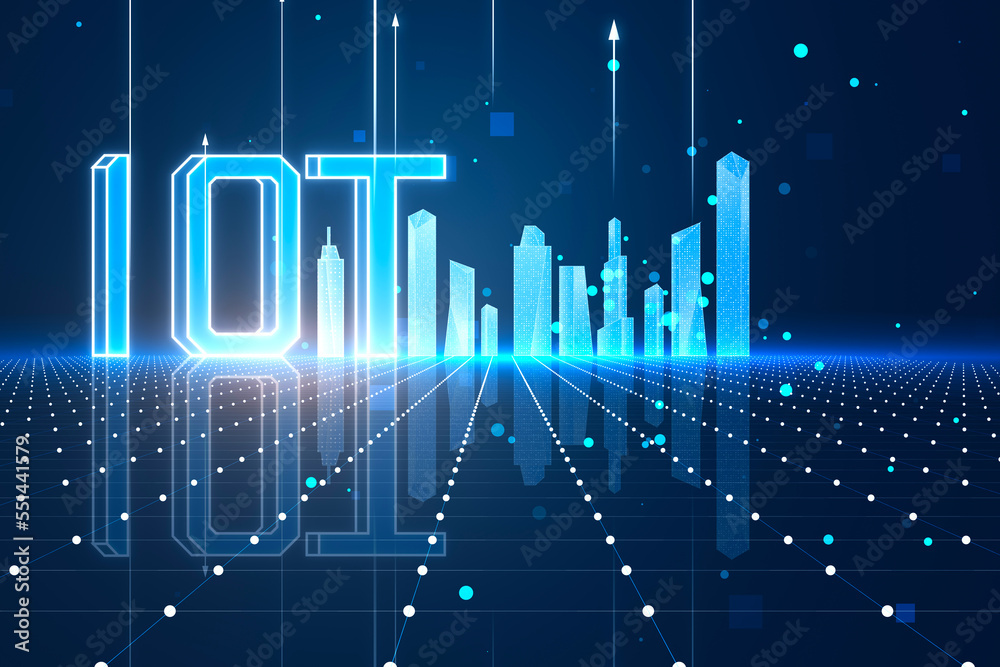 抽象发光的数字网格城市和模糊背景下的iot全息图。网络，通信，互联网
