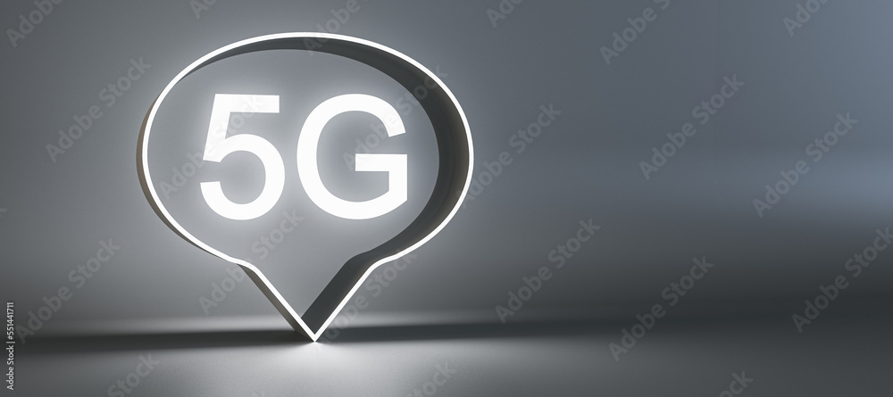 Modern 5G bubble on wide gray background with mock up place. Fast internet speed and technology conc