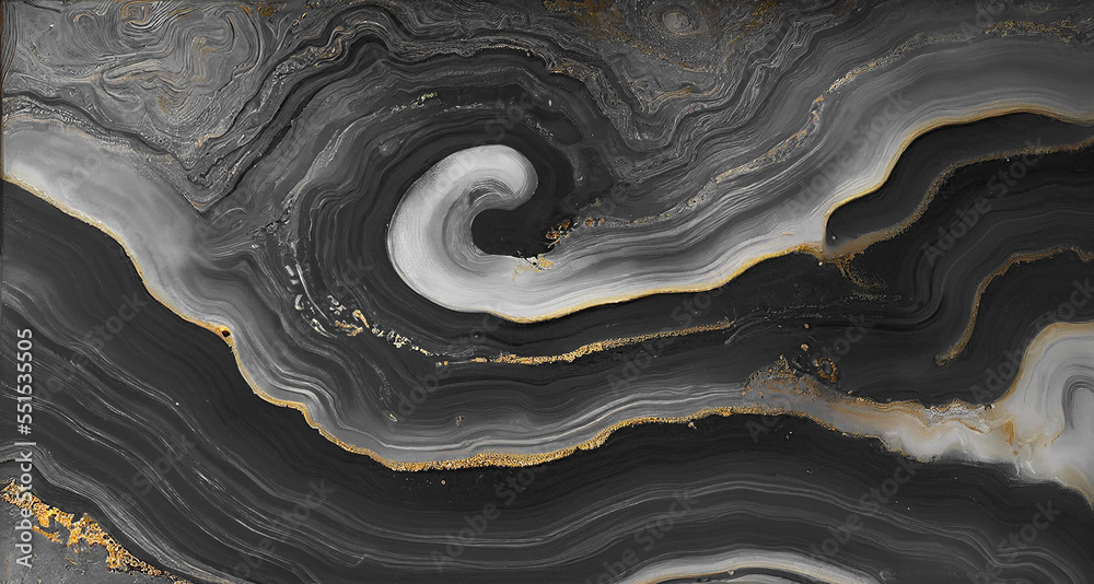 Abstract art background with a fluid marble black and gold texture. Splendid AI generated image luxu