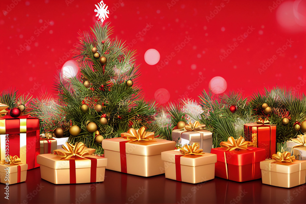 Christmas festival decoration with gift boxes pile, ribbon and spectacular christmas tree for giving