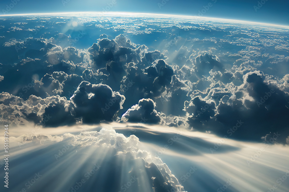 Splendid background cloudscape above the earths atmosphere in the stratosphere, with a galaxy and b