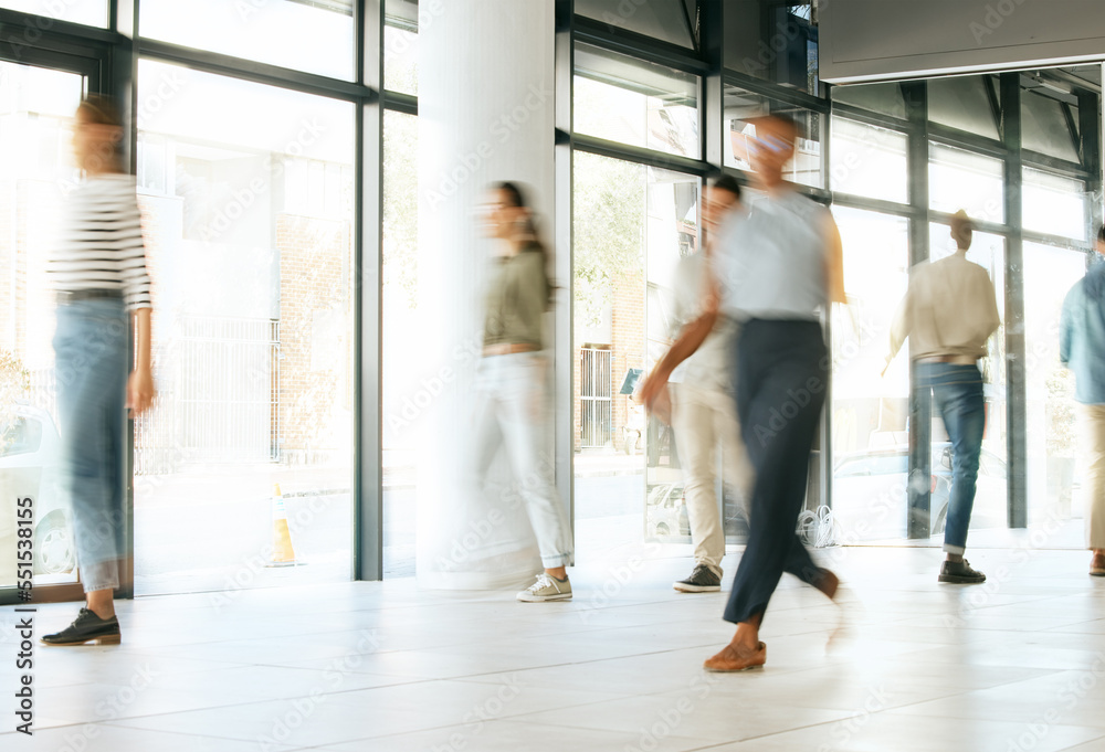 Office walking, business and team with moving speed in a office ready for morning working. Corporate