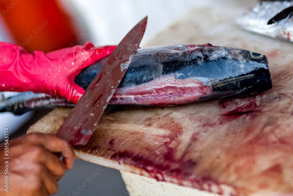 Fresh fish at the seafood market. Fish on board