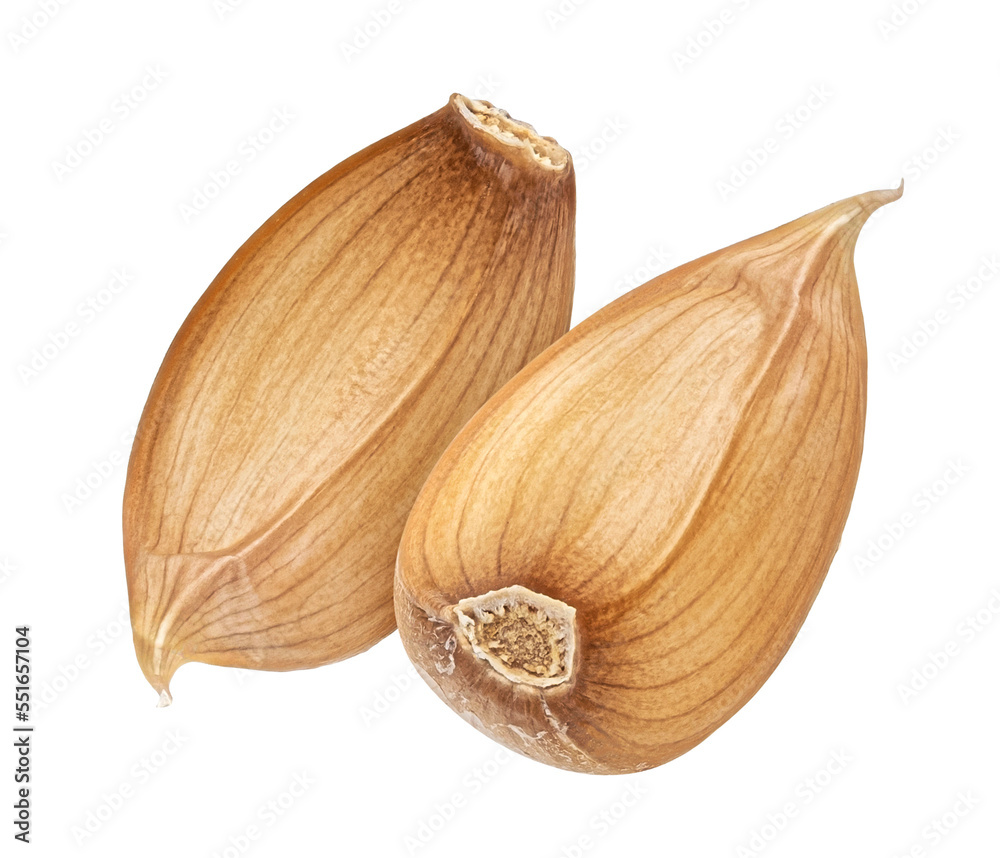 Garlic cloves isolated on white background, top view