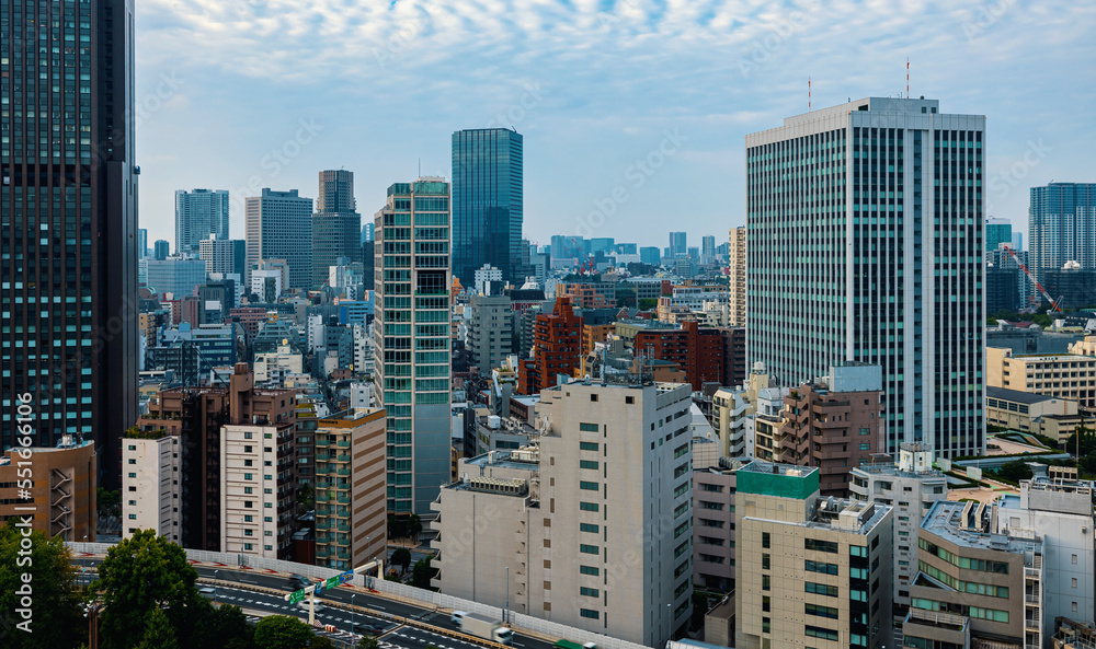 穿越日本东京南部的摩天大楼和高速公路