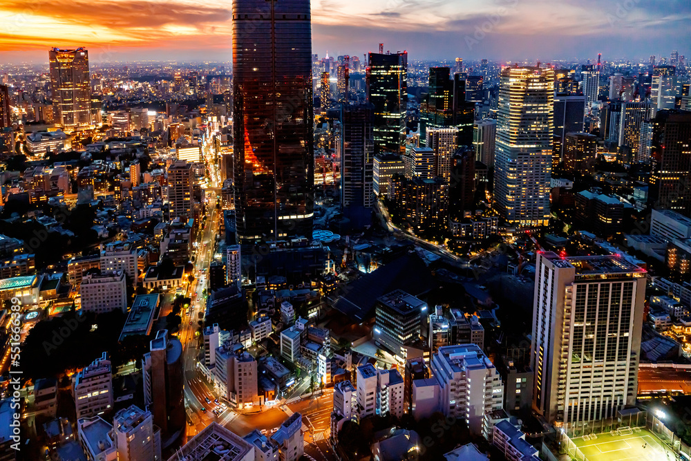 日本东京都港区日落时的天际线和城市景观鸟瞰图