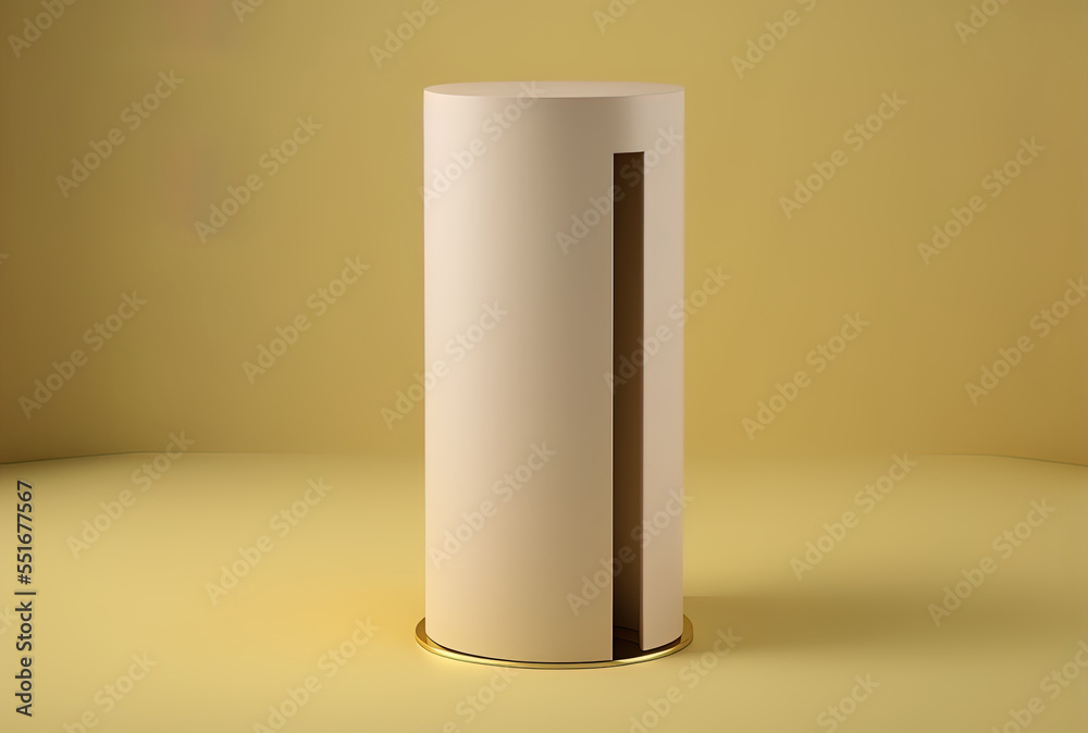 Modern pedestal product stand with cylinder design on a beige backdrop.. Generative AI