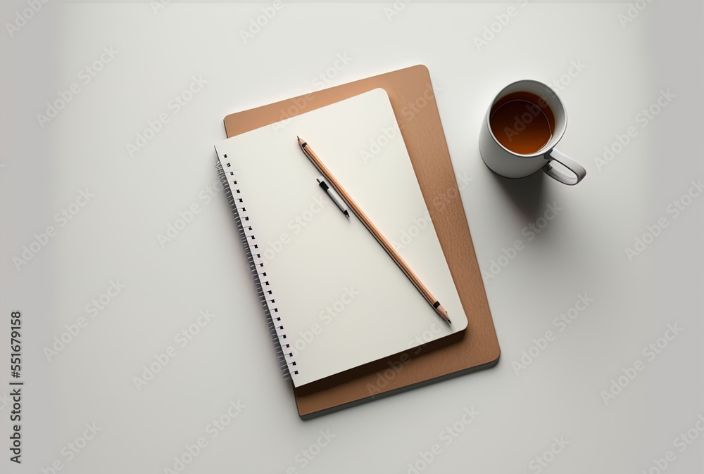 Creative flat lay of a minimalist office desk with a notebook and a wooden pencil on a white backgro