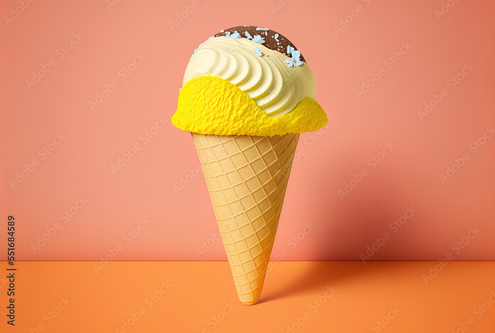 On a yellow backdrop, a soccer or football is shown within an ice cream cone.. Generative AI