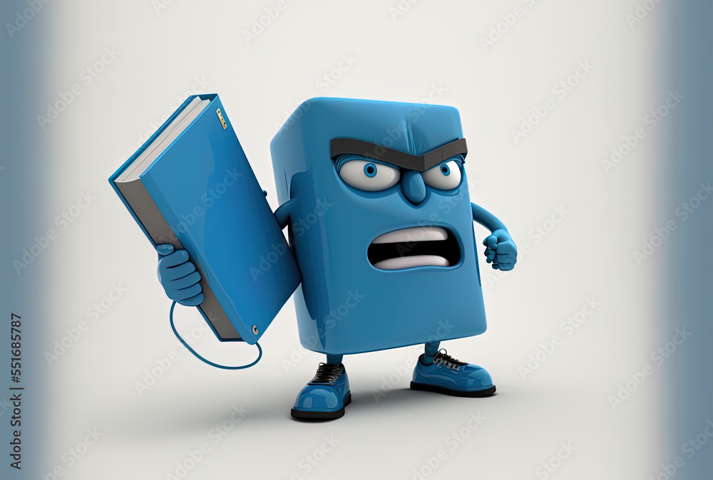 Blue book figure mascot on a white backdrop with an abstract charging battery.. Generative AI