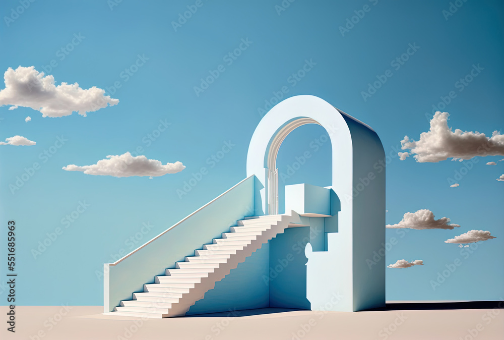 Backdrop with aesthetically pleasing object, blue sky, and white stairs. Generative AI