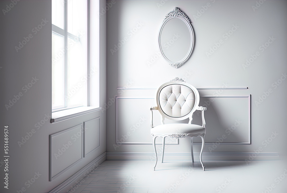 Interior of an empty room with a chair and a decorative concept against a backdrop of white walls.. 