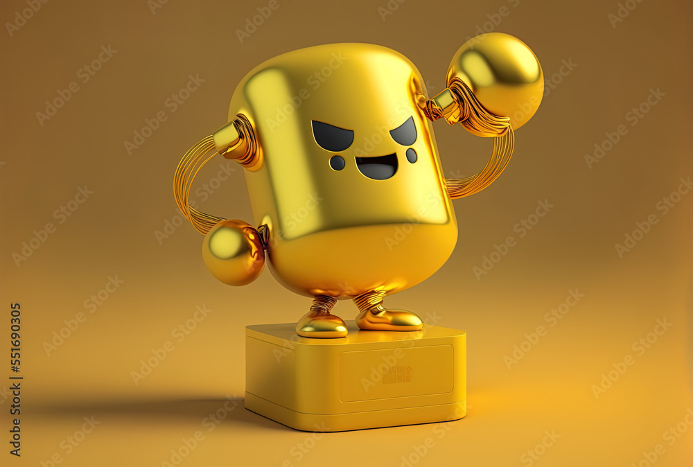 On a yellow background, a golden prize trophy has a rechargeable battery powered mascot figure.. Gen