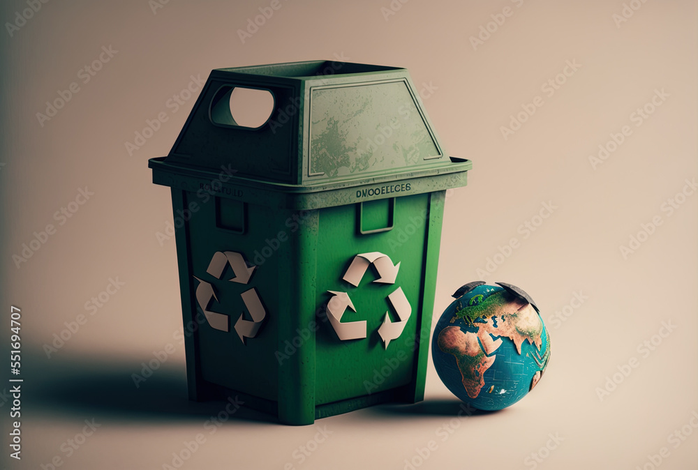 On a white backdrop, a recycle sign with a green garbage can and a globe representing the world can 