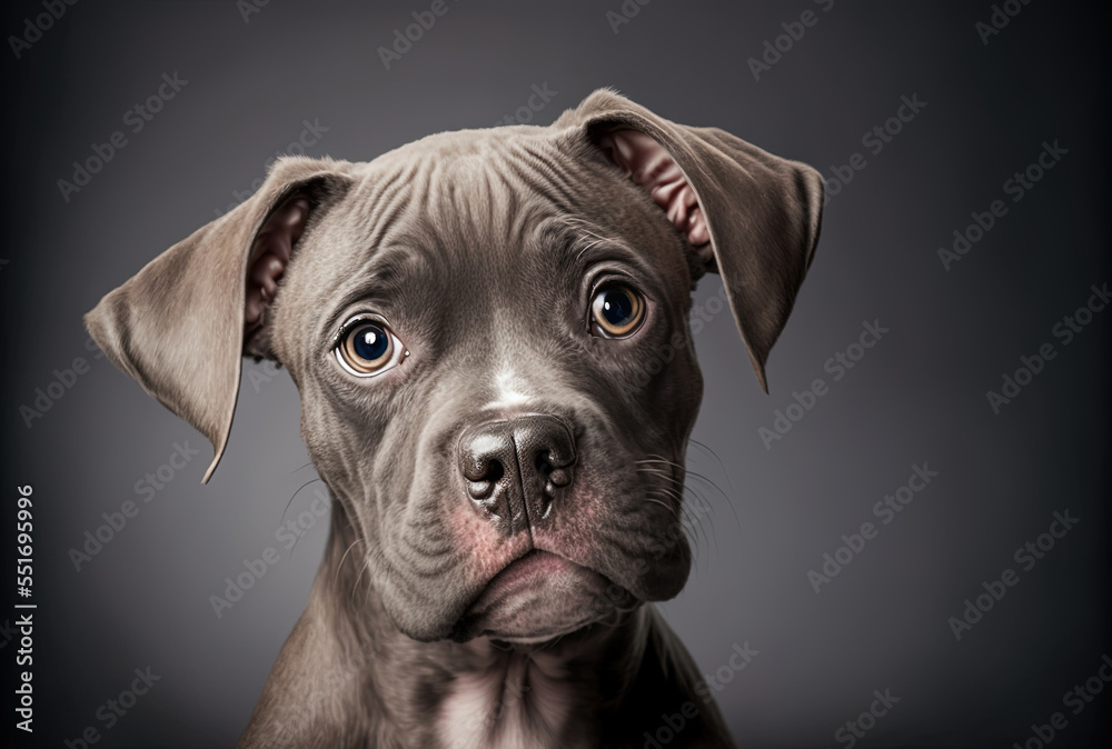 Funny puppy dog portrait on gray backdrop with focused face expression. Generative AI