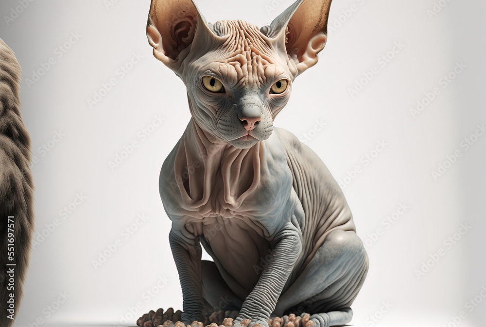 一只sphynx猫坐在一个空的白色背景上，它巨大的前爪特写。Gener