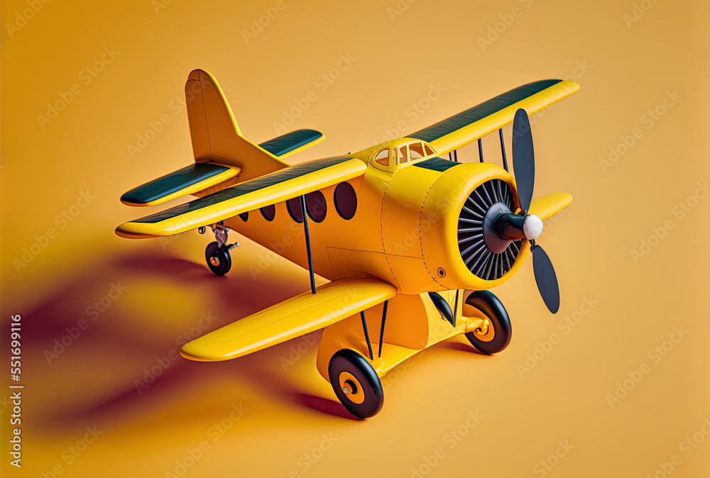 Toy plane composition against a yellow background. Generative AI